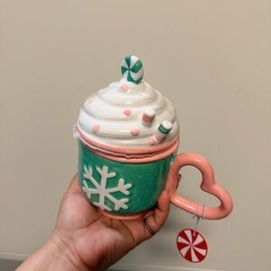 Festive Snowflake Mug with Heart Handle - Green and Pink